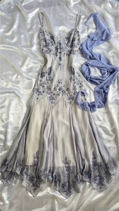 Purple fashion elegant exquisite beaded spaghetti strap A-line long chiffon ball gown evening dress party dress gh2919