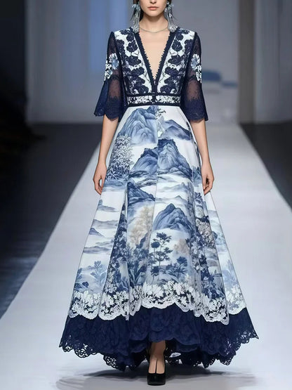 Navy Printed Oversized Hem Chiffon Dress