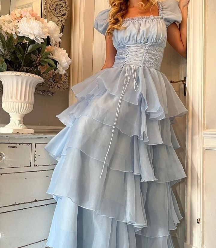 Blue Princess Cute Elegant A-line Short Sleeve Long Tulle Party Dress Evening Dress Ball Gown gh4197