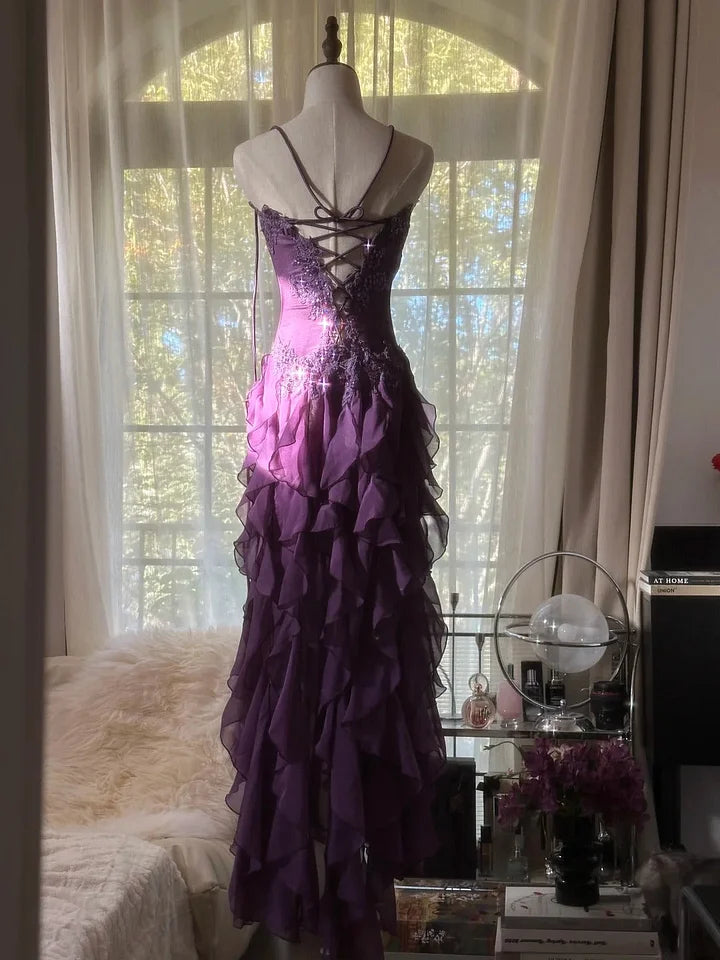 Romantic Purple Ruffle Chiffon Sleeveless Long Elegant Ball Gown Evening Dress Birthday Party Dress gh4270