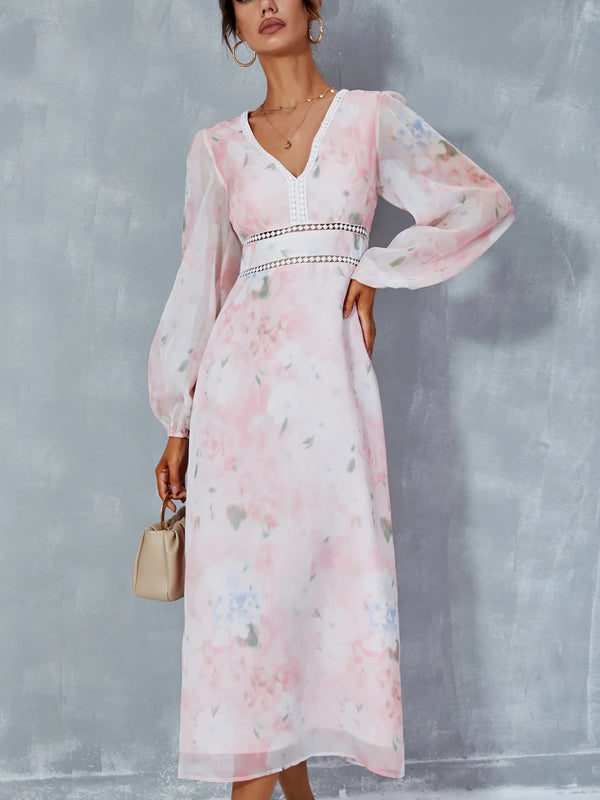Floral Print V-Neck A-line Chiffon Midi Dress