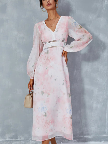 Floral Print V-Neck A-line Chiffon Midi Dress