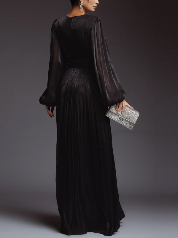 V-neck Long Sleeve Solid Color Maxi Dress