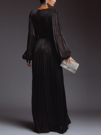 V-neck Long Sleeve Solid Color Maxi Dress