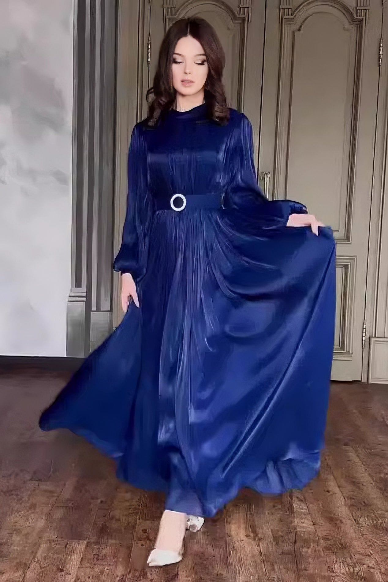 loveedsTM-Round Neck Organza Lantern Sleeve Long Sleeve Slim Belt Vintage Dress