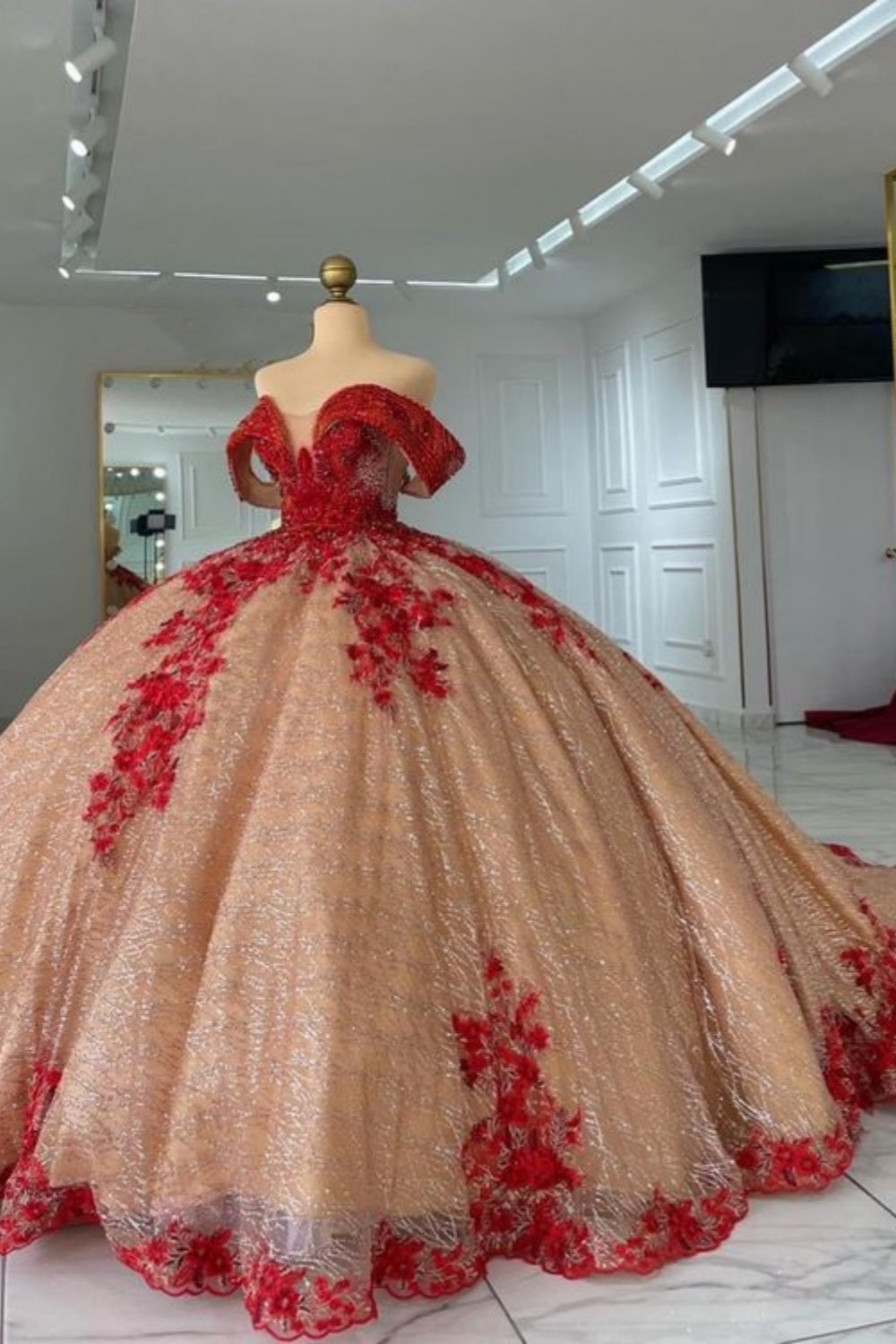 Red champagne gorgeous shiny applique long ball gown evening dress gh3113