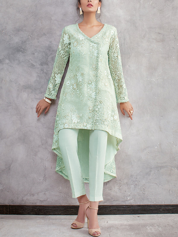 V-neck Lace Solid Color Trousers Suit
