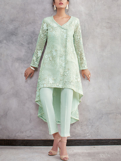 V-neck Lace Solid Color Trousers Suit