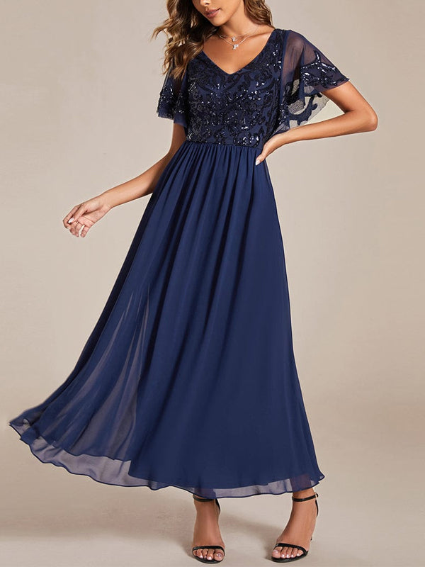 V-neck Lace Sequin Solid Color Maxi Dress