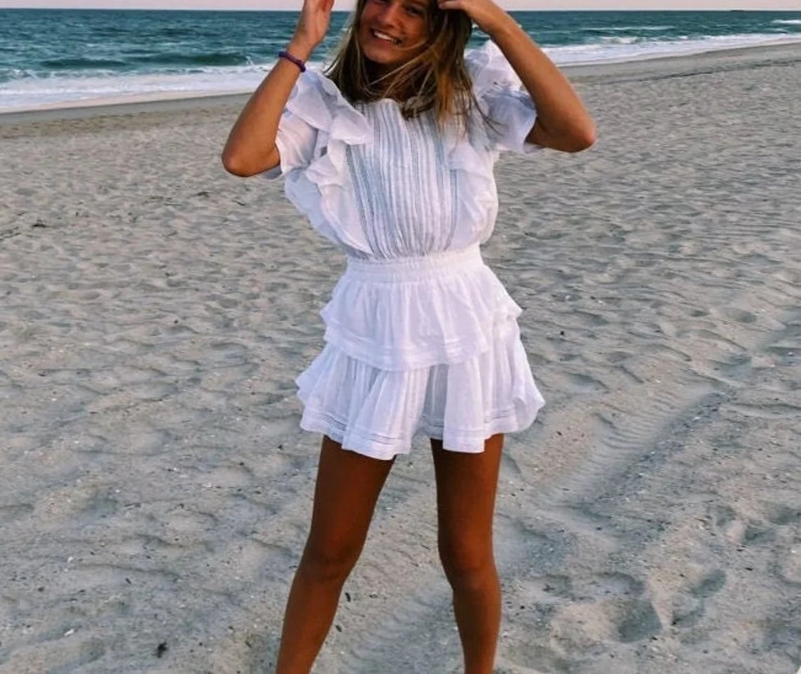 loveedsTM- Summer Short Sleeve Vocation Women White Mini Dress Holiday Lace Ruffled Dress Pink