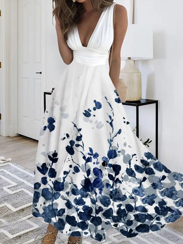 White V-neck Sleeveless Print Maxi Dress