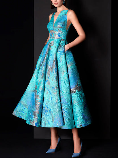 V-neck Sleeveless Print Midi Dress