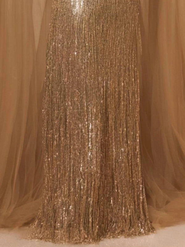 Evening Formal Dress Gold Sleeveless Sequin Cape Floor-Length Dress