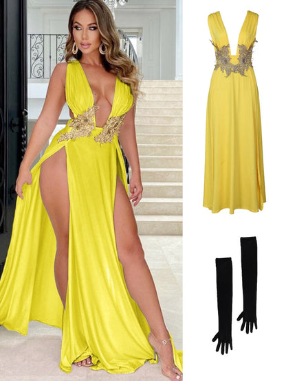 loveedsTM- Women Evening Party Dress Vestidos Long Maxi Dress Sexy Summer Deep V Neck Backless Dress High Slit Fashion Festival