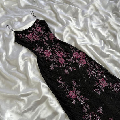 Black Retro Elegant Pink Beaded Chiffon Prom Dress Evening Dress Birthday Party Dress SH3595