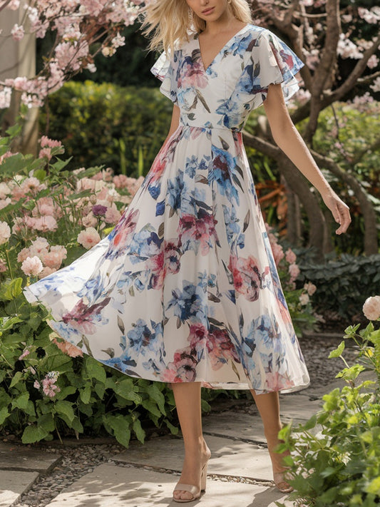 White V-neck Print Midi Dress