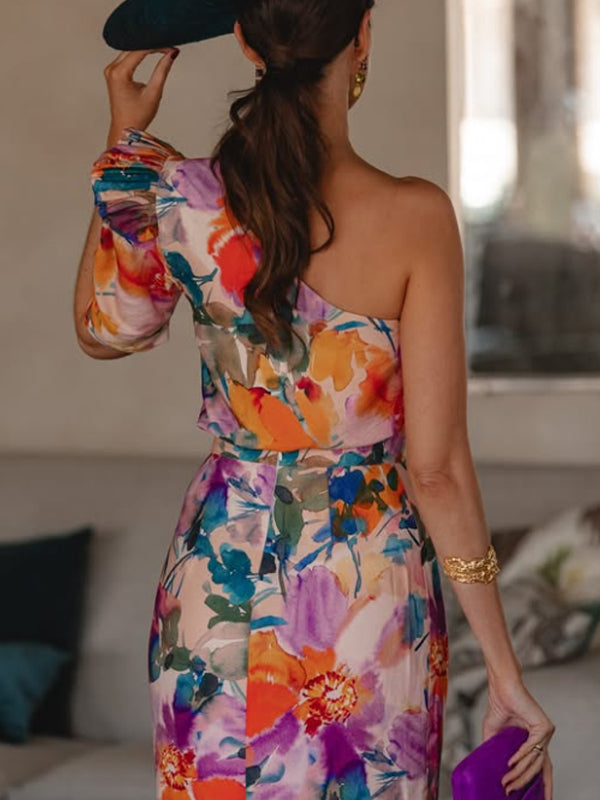 One-shoulder Chiffon Color Matching Women's Dress