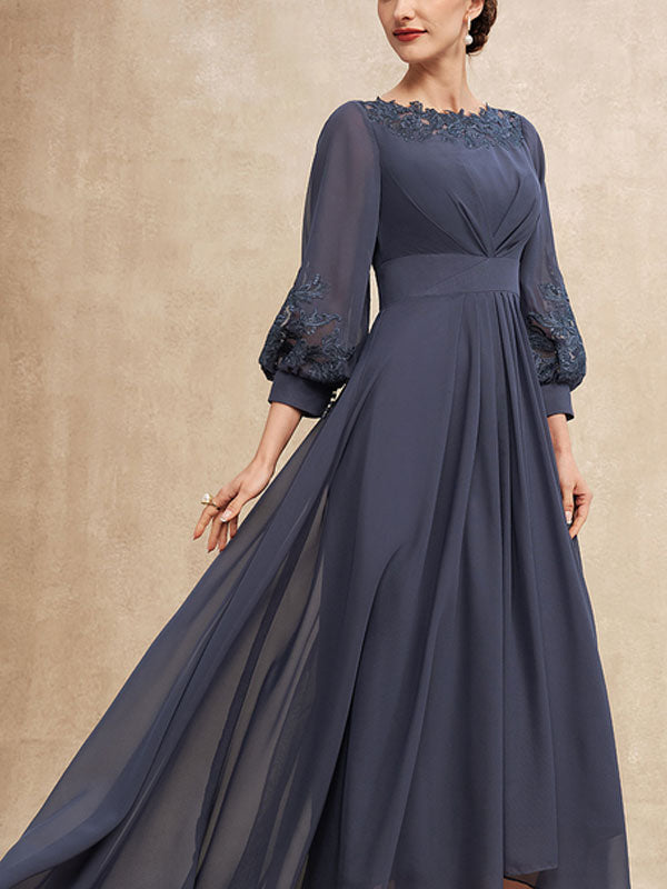 A-Line Scoop Neck Asymmetrical Chiffon Mother of the Bride Dress With Ruffle Appliques Lace