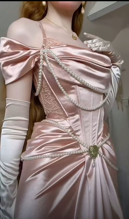 Pink vintage pearl beading long satin formal Prom dress evening dress party dress gh4899