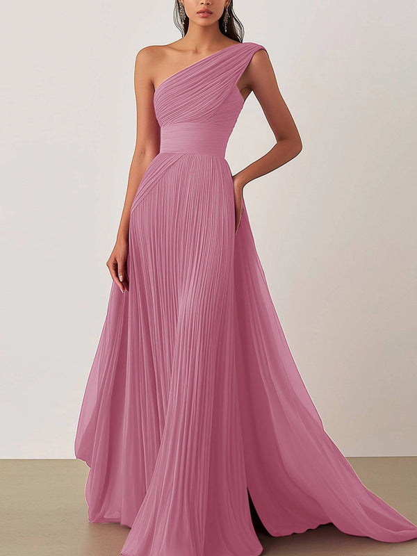 Prom Formal Pleated Dress Rose Color One-Shoulder Floor-Length Dress