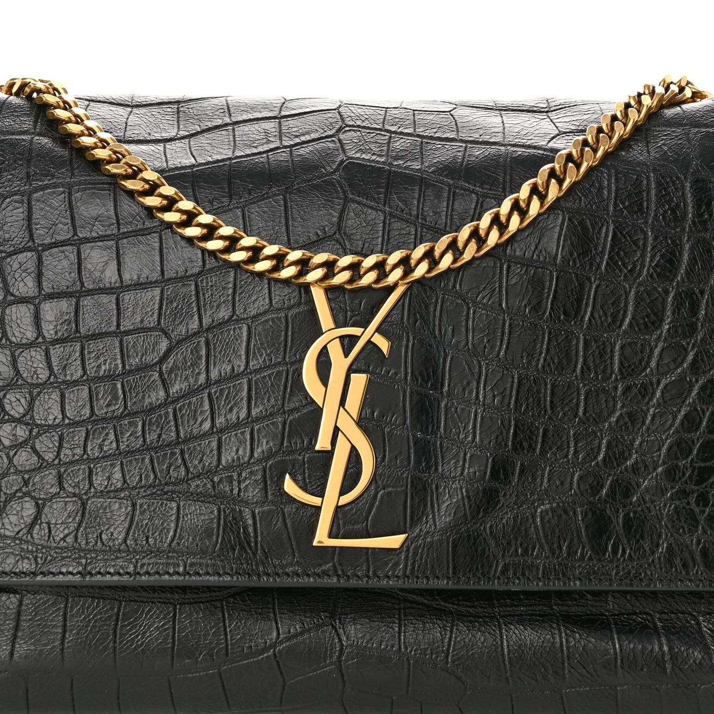 Saint Laurent  Calfskin Crocodile Embossed Suede Medium Reversible Monogram Kate Satchel Military Taupe