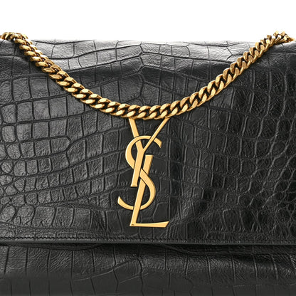 Saint Laurent  Calfskin Crocodile Embossed Suede Medium Reversible Monogram Kate Satchel Military Taupe