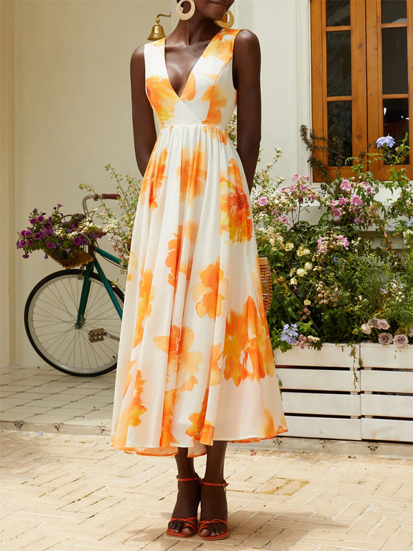 Yellow Printing Chiffon V Neck Sleeveless A-Line Maxi Dress