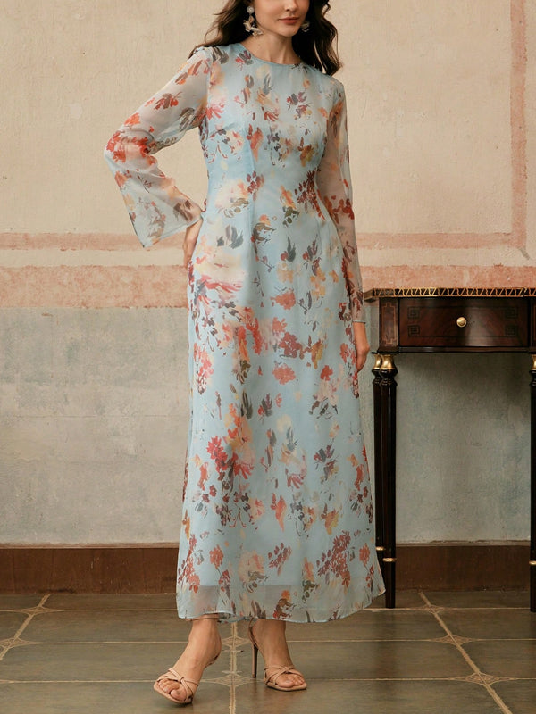 Women's Elegant Floral Print Long Sleeve Resort Dress