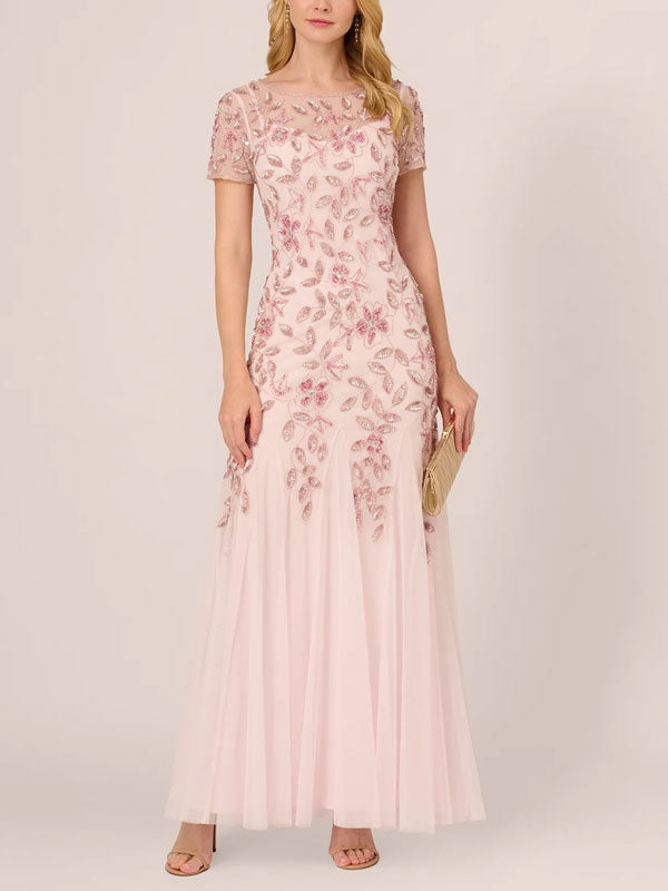 Handmade Beaded Short Sleeve Floral Guided Silk Gowns