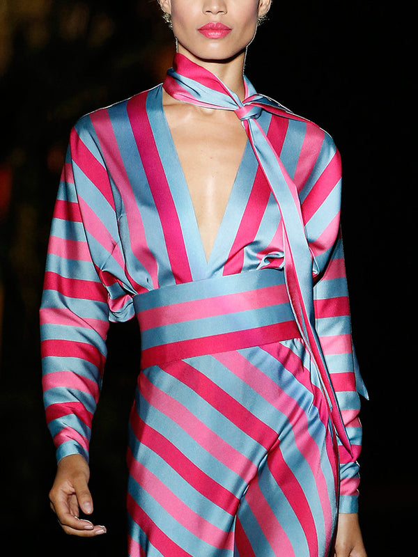 V-neck Stripes Temperament Show Women's Dress