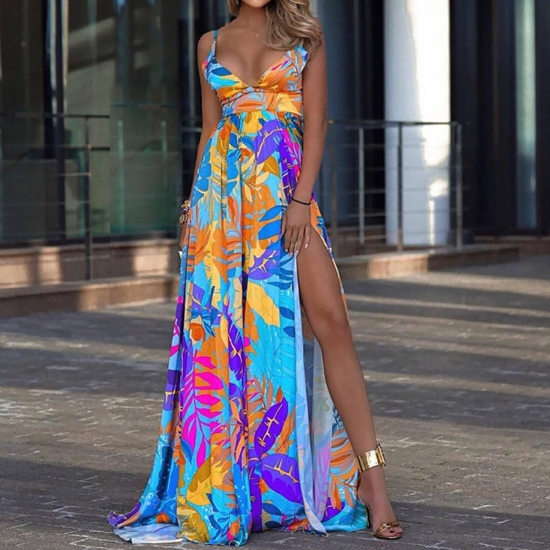 loveedsTM- Summer Sexy Slit Flower Print Bohemia Dress for Women High Waist Maxi Beach Dresses Elegant V Neck Suspenders Floor-Length Dress
