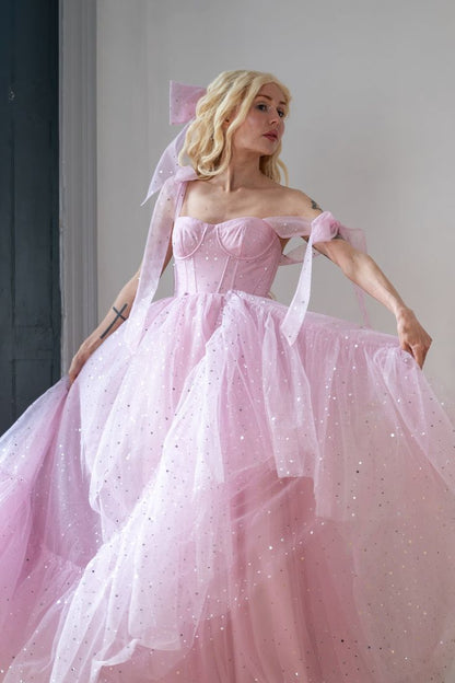Star Sequin Pink A Line Straps Layered Tulle Date Dress Prom Dress Evening Dress SH3889