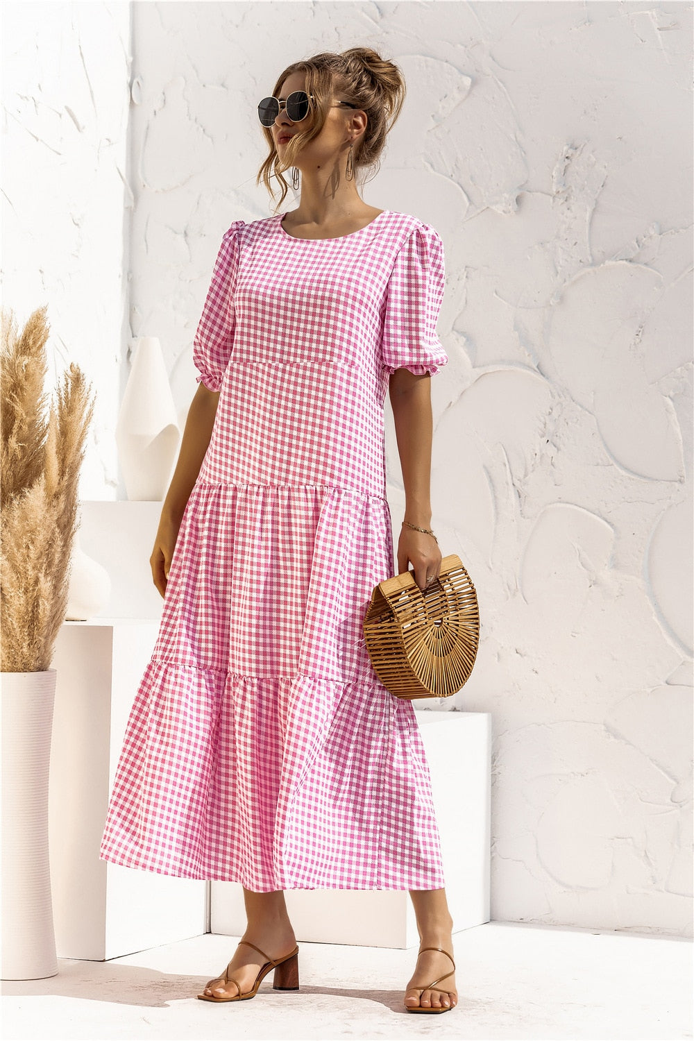 loveedsTM-Summer Polka Dot Plaid Print Robe Maxi Dress Women Elegant Puff Sleeve Casual Patchwork Loose Holiday Party Long Vestidos