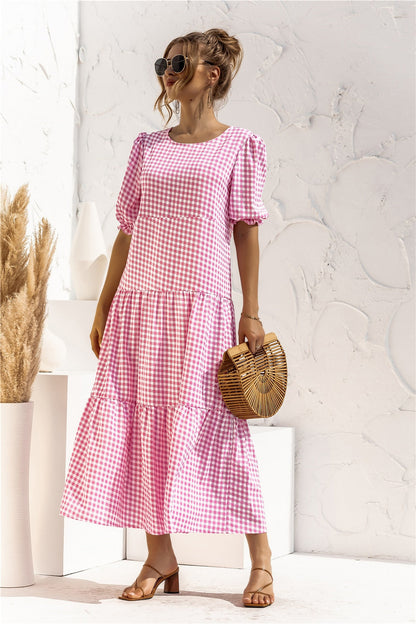 loveedsTM-Summer Polka Dot Plaid Print Robe Maxi Dress Women Elegant Puff Sleeve Casual Patchwork Loose Holiday Party Long Vestidos