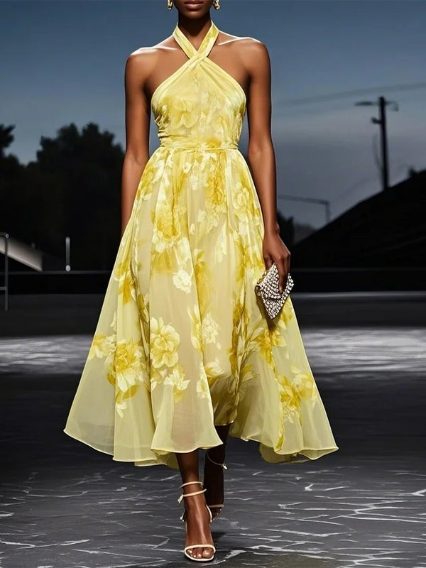Halter Neck Print Midi Dress