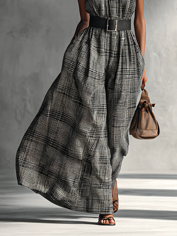 High Collar Plaid Temperament Cotton and Linen Women's Dress