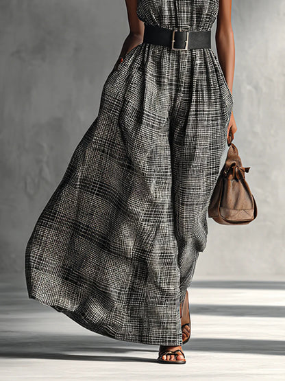 High Collar Plaid Temperament Cotton and Linen Women's Dress