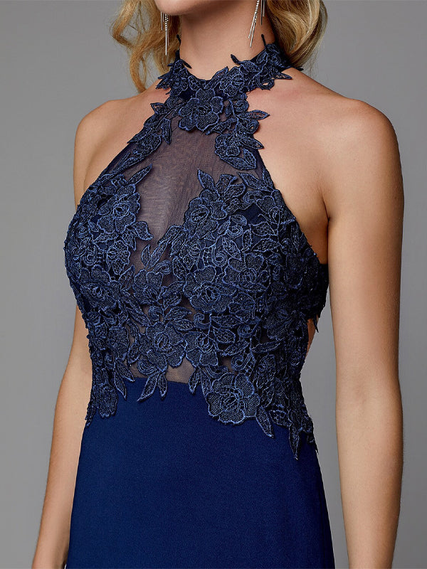 Halterneck Lace Solid Color Maxi Dress