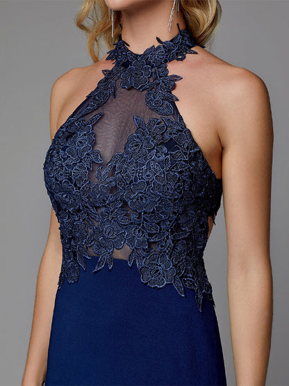 Halterneck Lace Solid Color Maxi Dress