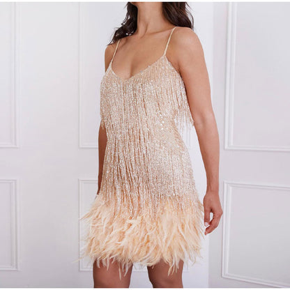 loveedsTM-Sequins Tassel Feather Spaghetti Strap Dress Women Fashion Sexy Stitching Mini Dresses Ladies Evening Party Club Elegant Dress
