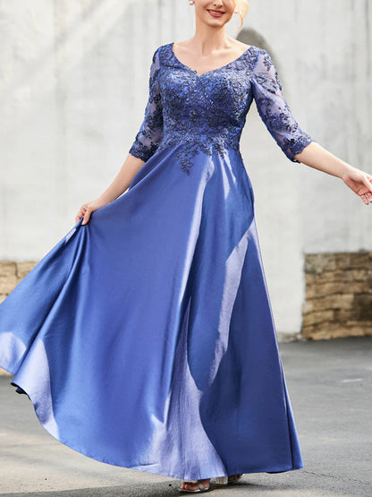 V-neck Lace Solid Color Maxi Dress