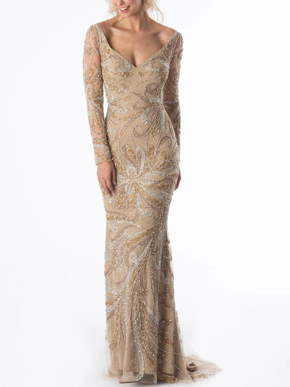 V-neck Long Sleeves Sequins Maxi Dress