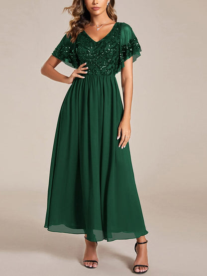 V-neck Lace Sequin Solid Color Maxi Dress