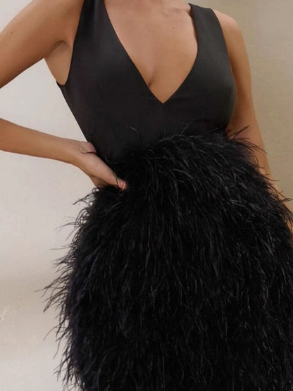 loveedsTM- Black Feather Dresses for Women 2024 Spring V-neck Sleeveless Lace-up Backless High Waist Tunics Short Evening Party Dresses