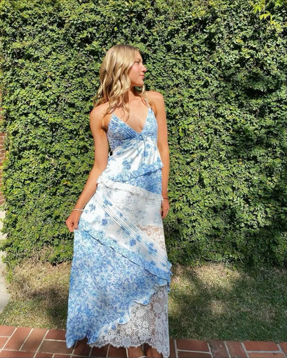 Blue Elegant Floral Delicate Lace Long Ball Gown Birthday/Garden Party Dress Evening Dress Prom Dress Holiday Date Night Dress gh4109
