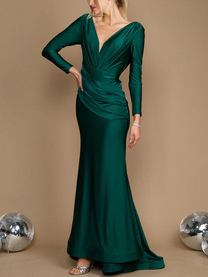 V-neck Solid Color Long Sleeves Maxi Dress
