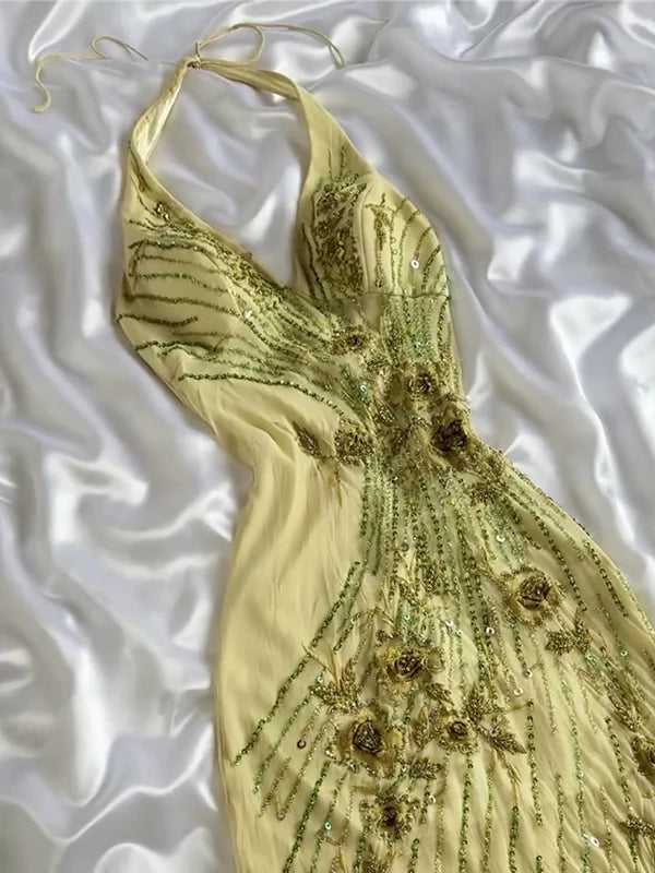 Yellow Pretty Charming Elegant Delicate Floral Beaded Strap Long Chiffon Ball Gown Evening Gown Party Dress Prom Gown gh3823