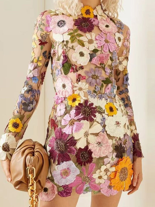 loveedsTM-Flower Print Embroidery Mini Dress Women Half High Collar Long Sleeve Hip Package Dresses Female Autumn Elegant Lady Vestidos