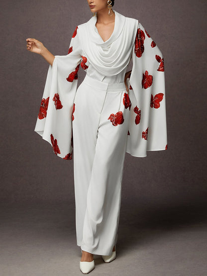 Split Sleeve Floral Loose Elegant Blouse Women's Suit