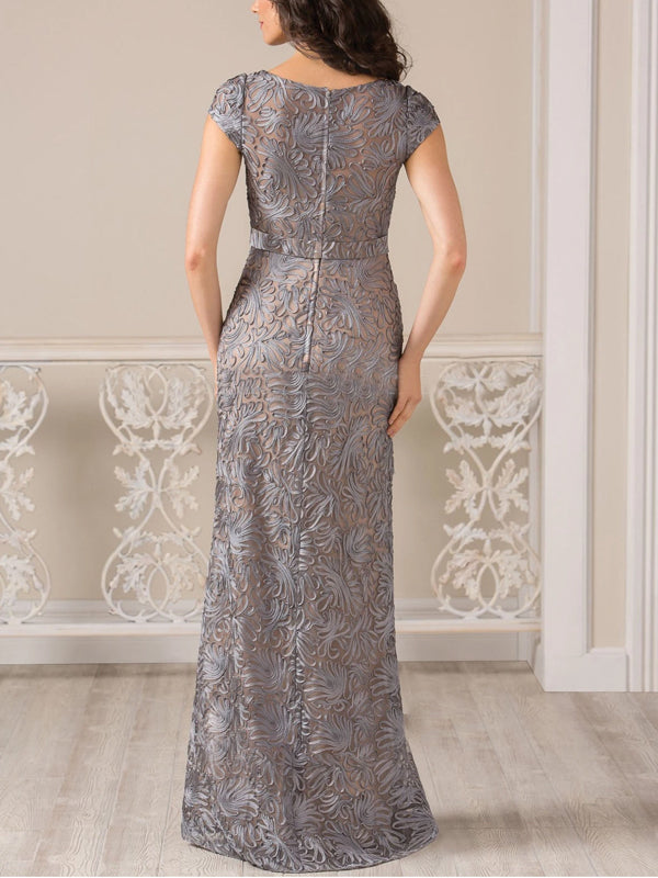 Round Neck Lace Short Sleeve Solid Color Maxi Dress